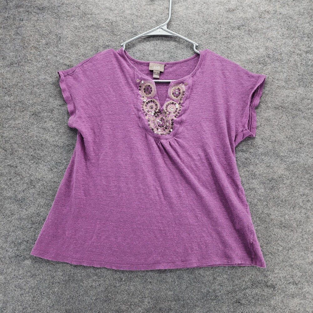 J Jill Shirt Womens Medium Petite Short Sleeve Purple V Neck Linen